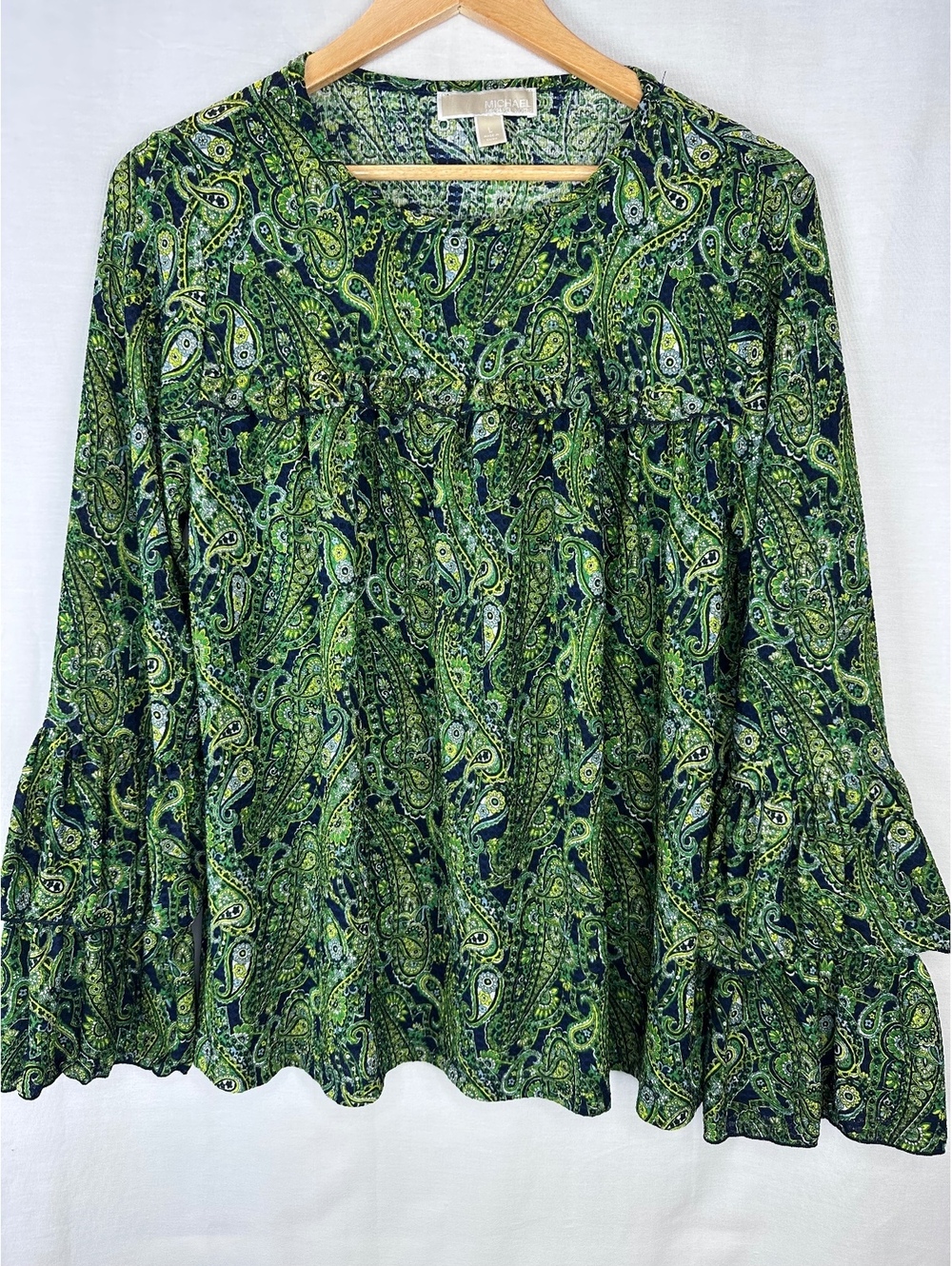 MICHAEL Michael Kors Size L Paisley Bell Sleeve Blouse Green Navy